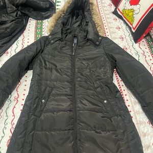 Black Puffer Jacket with Hood and Quilted Design
